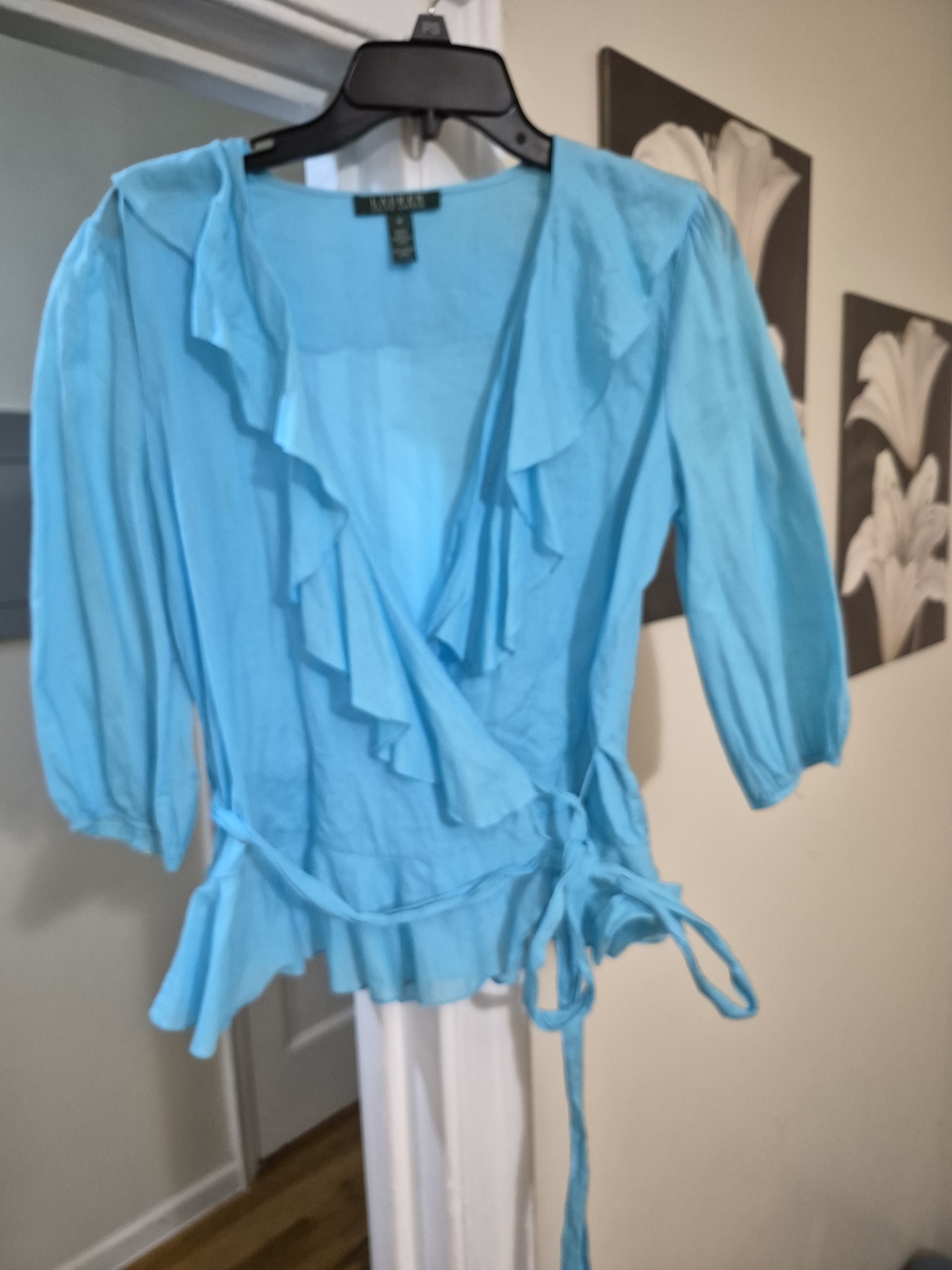 Ralph Lauren Turquoise Sheer Ruffled Wrap Blouse - Picture 2 of 10